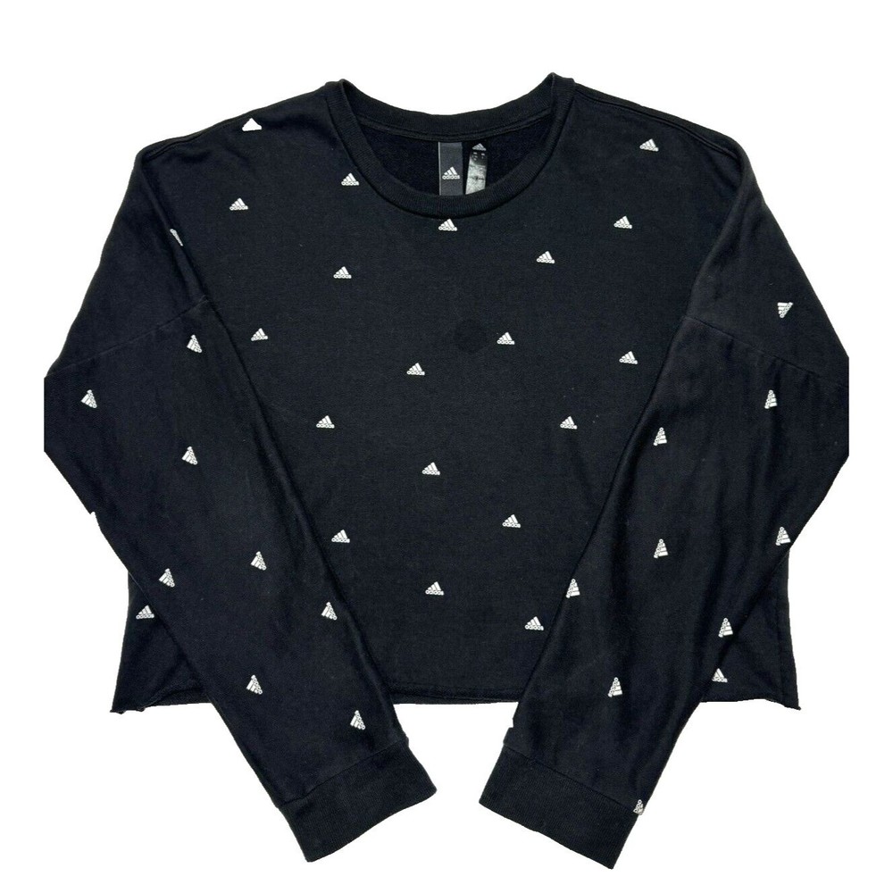ADIDAS Womens Cropped Pullover Sweatshirt All Over Logo Black Long Sleeve Large